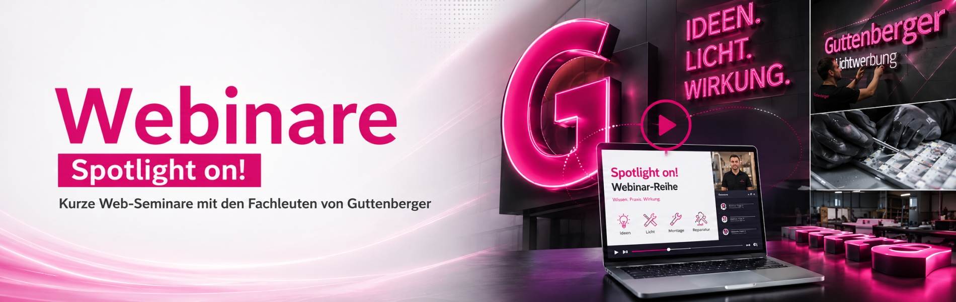 Der Slogan „Die Ingenieure der Lichtwerbung“ auf einem modernen LED-Hintergrund. Guttenberger & Partner unterstreichen hier ihre führende Rolle in der Entwicklung und Umsetzung innovativer Lichtwerbungslösungen.