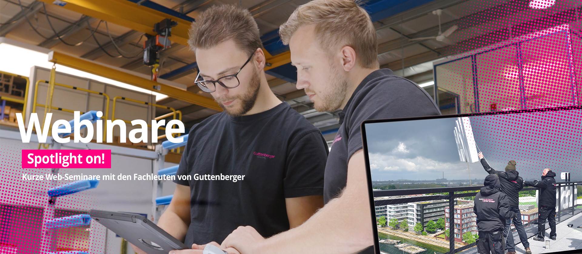 Der Slogan „Die Ingenieure der Lichtwerbung“ auf einem modernen LED-Hintergrund. Guttenberger & Partner unterstreichen hier ihre führende Rolle in der Entwicklung und Umsetzung innovativer Lichtwerbungslösungen.